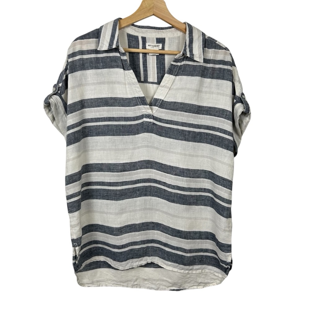 ARTISAN NY 100% Linen Striped Short Sleeve Popover Top, Cream/Navy Blue, Small